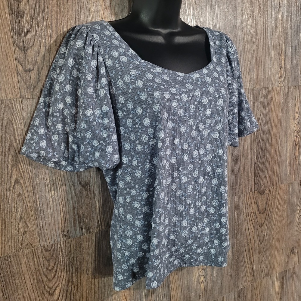 Lauren Conrad Floral Blouse Sz M Muted Blue Sweetheart Neck Puff Sleeve Feminine - Picture 3 of 13